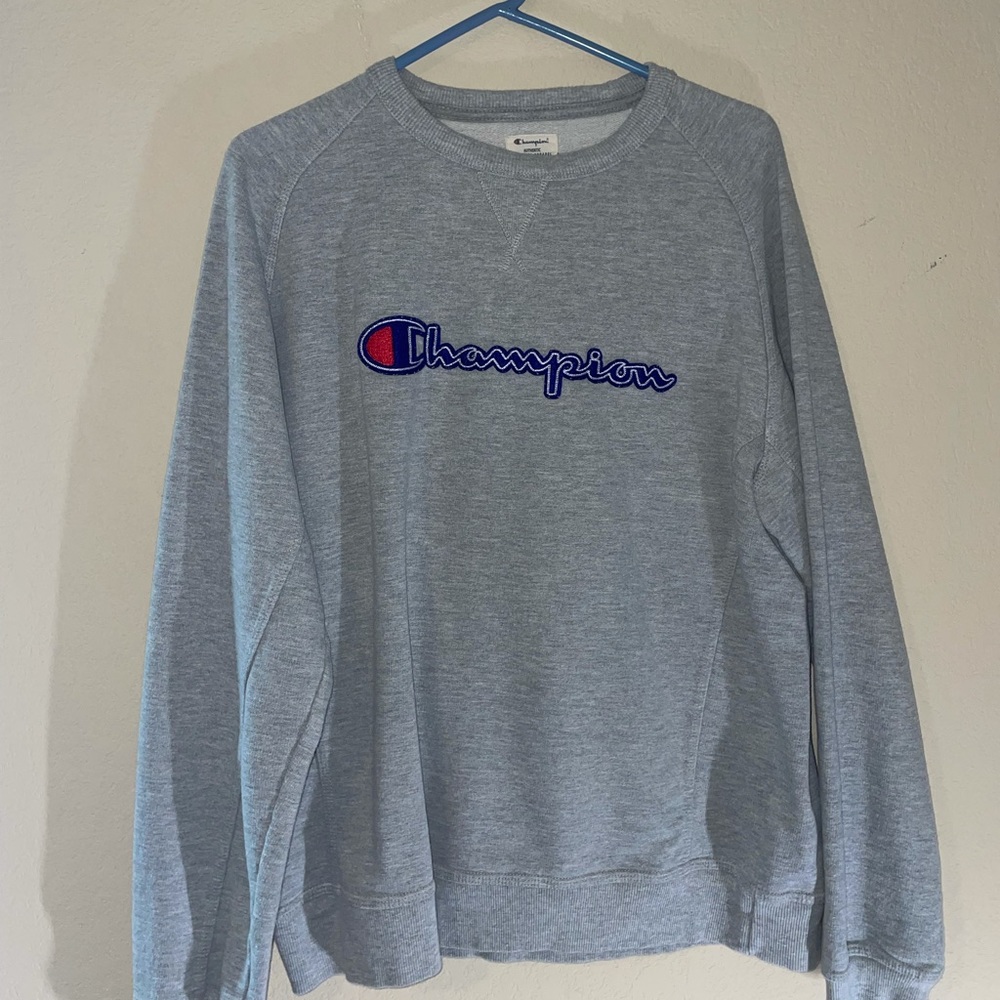 Champion Embroided Gray Spellout Crew Neck Sweatshirt Men's Size Large